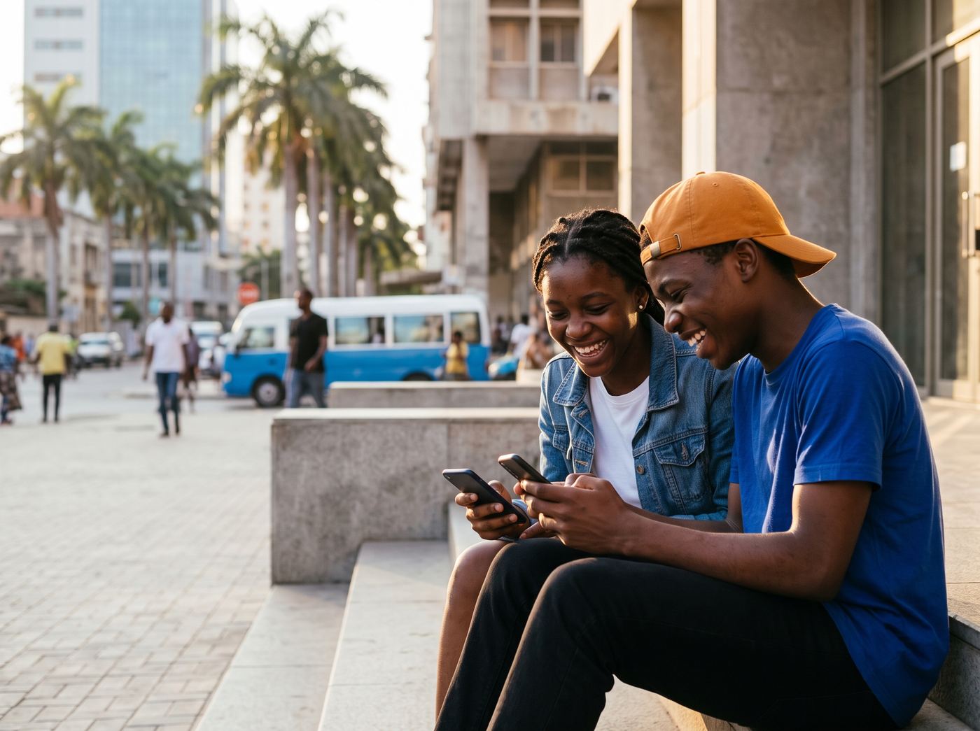 Dois amigos sentados nas escadas com os telemóveis